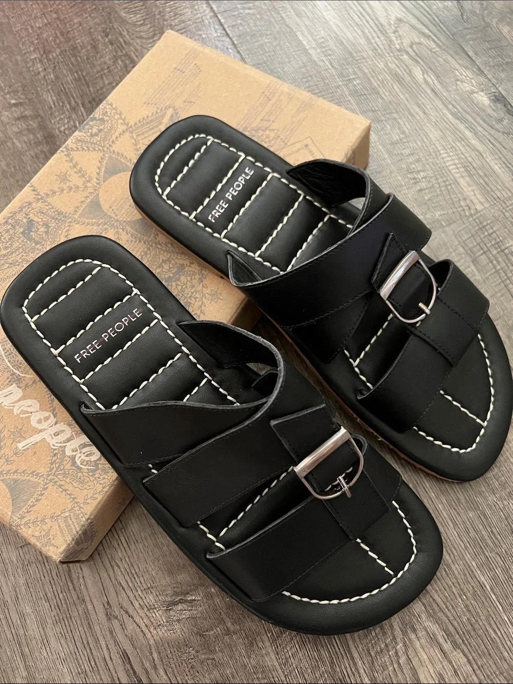 Free People Sloan Black Quilted Buckle Slide Sandals